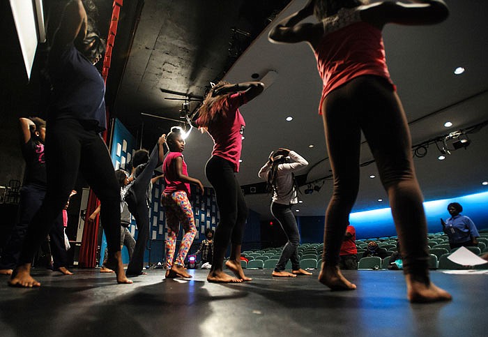 Members of the Infamous Royal Tigerettes dance team work on their choreography on the Pawley Theatre stage at Lincoln University on Wednesday afternoon as they prepare for Saturday's upcoming Street Dance Battle against the Show Stoppin' Foxettes at the Riverside Park Amphitheater.