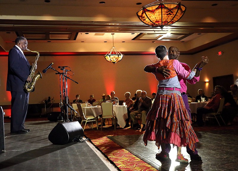 Earl Zachery and his wife Rice Freeman-Zachery dance as Houston Person performs during the swing dance night at the 50th annual West Texas Jazz Party Thursday May 19, 2016 at the MCM Elegante Hotel in Odessa, Texas. Butch Miles, Joel Forbes and Johnny Varro also performed with Person.