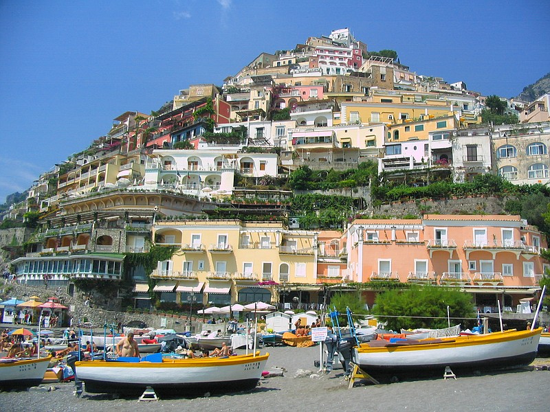 The village's distinctive hillside architecture rises above a beach July 8, 2007, in Positano on Italy's Amalfi Coast.