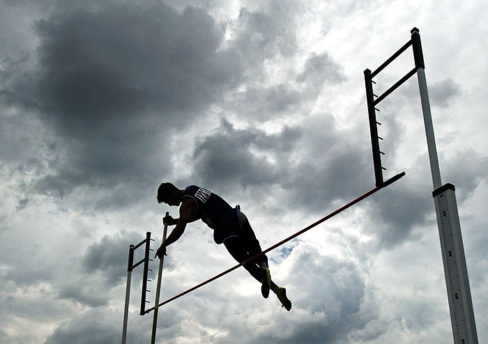 South Callaway's Bennett Hager is airborne during the state Class 2 boys pole vault competition on Saturday, May 21, 2016, in Jefferson City.