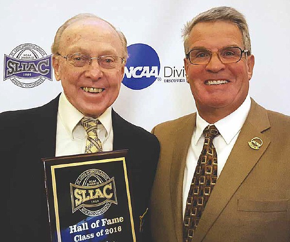 Former Westminster College athletic administrator Terry Logue (right) and Bill Killen — currently an assistant soccer coach at the school — were among five individuals inducted into the St. Louis Intercollegiate Athletic Conference Hall of Fame on May 17, 2016, at Tapawingo National Golf Club in Sunset Hills. 