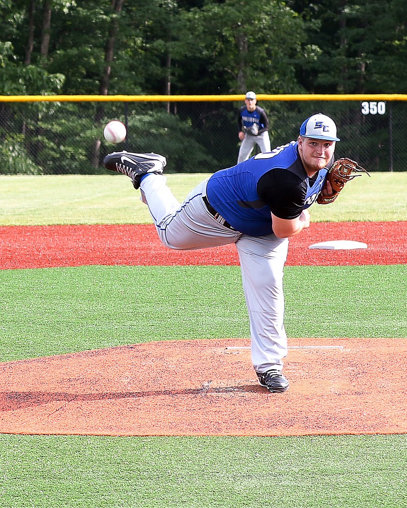 South Callaway junior starter Graysan Peneston delivers a pitch during the Bulldogs' 10-1 victory over the Palmyra Panthers in a Class 3 sectional Monday night in Mokane.
