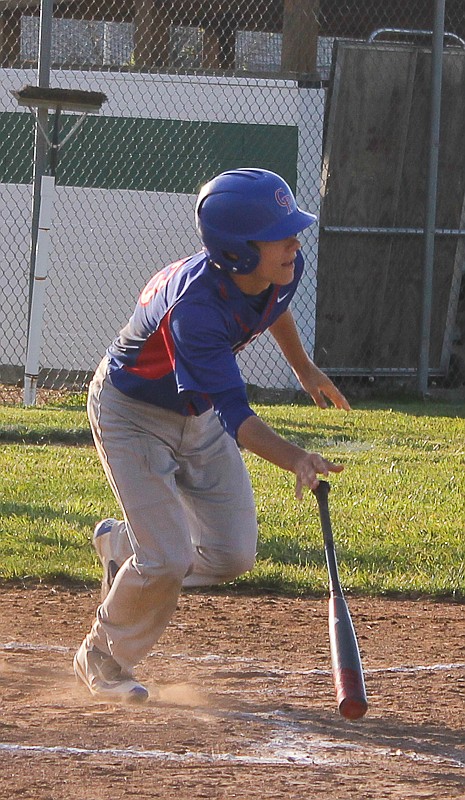 California's Kory Stephens takes off for first base on Wednesday in the Pintos' 13-2 win over Versailles.