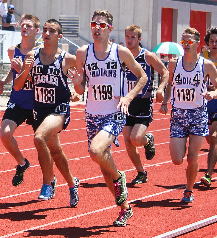 Russellville runners Harrison Frank (13) and Anthony Bertucci (4) compete in the boys 1,600-Meter Run on Saturday at the Class 1 and 2 state track meet.