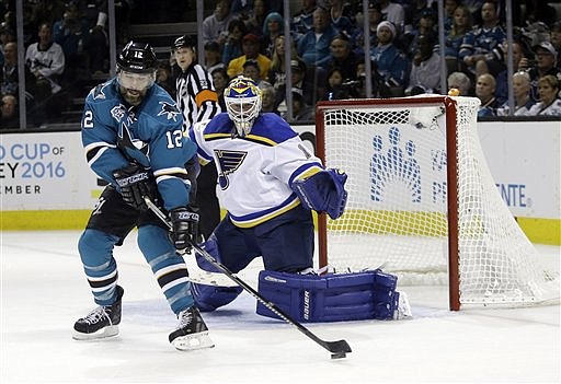 San Jose Sharks' Patrick Marleau (12) reaches for the puck next to St. Louis Blues goalie Brian Elliott (1) during the second period in Game 6 of the NHL hockey Stanley Cup Western Conference finals Wednesday, May 25, 2016, in San Jose, Calif.