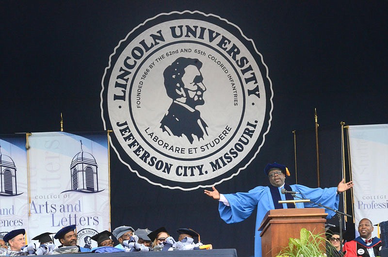 Cedric Kyles, aka Cedric the Entertainer, speaks to students and the crowd at Lincoln University's graduation on May 16, 2015. Kyles, a successful actor and comedian whose parents attended LU, wasn't paid a fee for his participation.