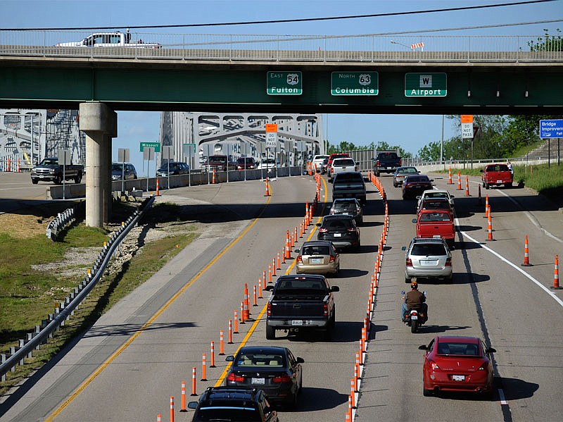 Eastbound traffic slows to a congested crawl as vehicles approach the U.S. 54/63 Missouri River Bridge during afternoon rush hour on Wednesday, May 4, 2016. 