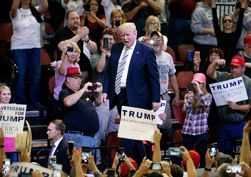 Republican presidential candidate Donald Trump greets supporters during a campaign rally, at the Rimrock Auto Arena, in Billings, Mont., Thursday, May 26, 2016. 