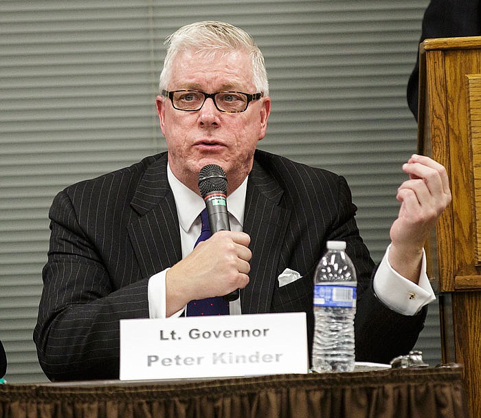 In this Nov. 3, 2015 file photo, then Lt. Gov. Peter Kinder addresses an audience during a forum at the Missouri Farm Bureau Headquarters in Jefferson City.