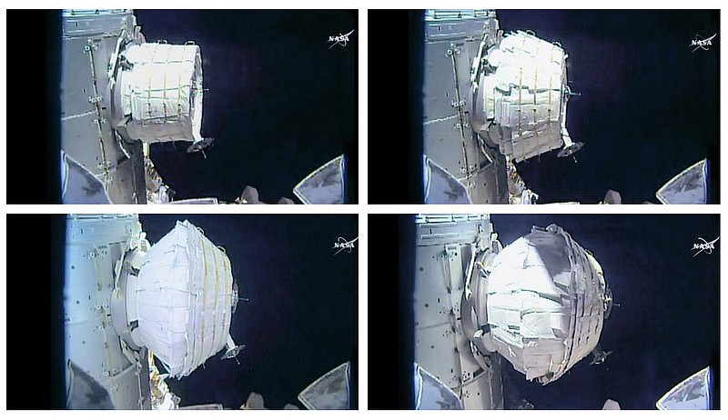 This combination of images provided by NASA shows the inflation of a new experimental room at the International Space Station on Saturday, May 28, 2016. Saturday was NASA's second shot at inflating the Bigelow Expandable Activity Module (BEAM), named for the aerospace company that created it as a precursor to moon and Mars habitats, and orbiting tourist hotels. 