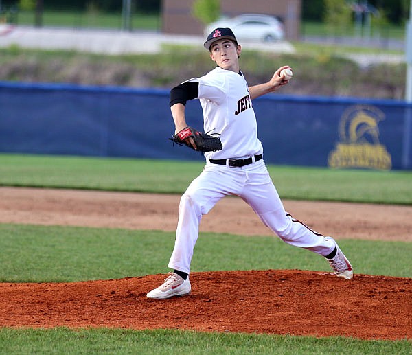 Jays pitcher Jacob Weirich gets set to deliver a pitch in the district title game against Rock Bridge in Columbia. 