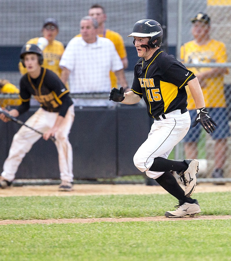 Fulton senior right fielder Trenton Clines scores on a wild pitch from third during the Hornets' six-run rally in the sixth inning of their 8-6 win over Duchesne in the Class 4 quarterfinals May 26 at the high school athletic complex. Fulton squares off against NCMC rival and top-ranked Boonville in the Class 4 semifinals tonight at CarShield Field in O'Fallon.