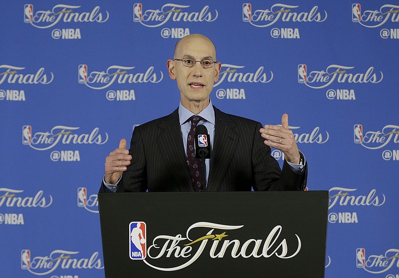 NBA commissioner Adam Silver speaks during a news conference before Game 1 of basketball's NBA Finals between the Golden State Warriors and the Cleveland Cavaliers in Oakland, Calif., Thursday, June 2, 2016. 