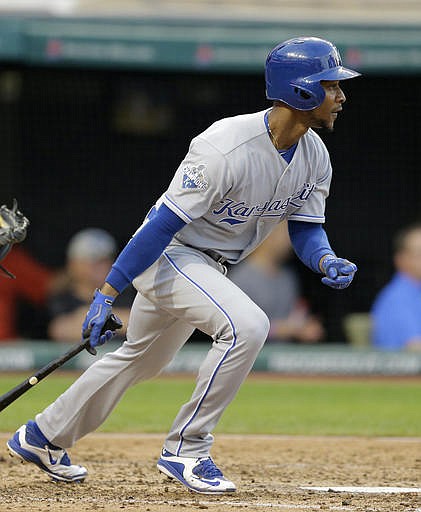 Kansas City Royals' Jarrod Dyson watches his RBI single off Cleveland Indians starting pitcher Carlos Carrasco during the fourth inning of a baseball game, Thursday, June 2, 2016, in Cleveland.