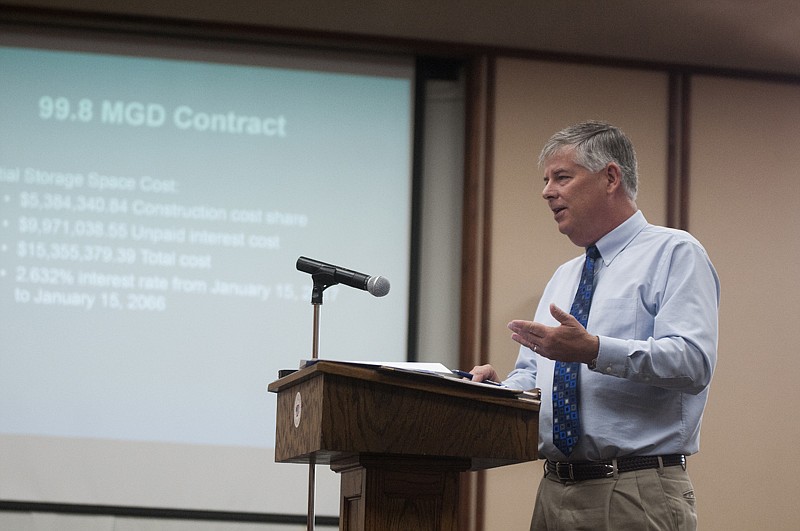 Texarkana Water Utilities Executive Director J.D. Phillips gives a presentation to the Texarkana, Ark., Board of Directors on Monday regarding water supply contracts with Southwest Arkansas Water District at City Hall. 