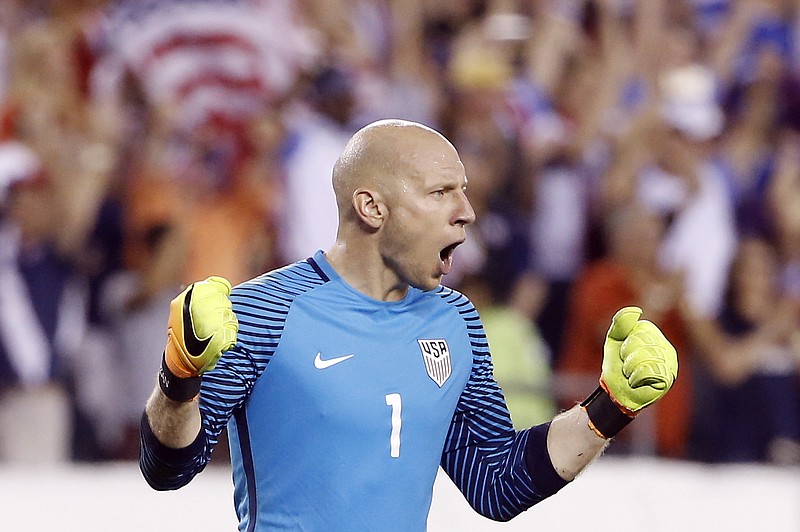 United States' Brad Guzan celebrates after winning a Copa America Group A soccer match against Paraguay, Saturday, June 11, 2016, in Philadelphia. 