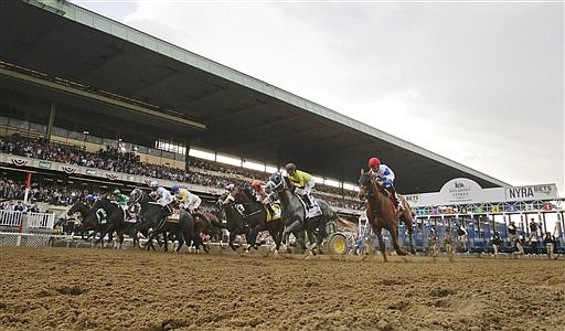 Horses charge out of the starting gate at the 148th running of the Belmont Stakes horse race at Belmont Park, Saturday, June 11, 2016, in Elmont, N.Y. Creator won the race. 