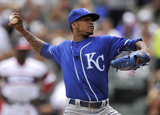 Kansas City Royals starter Yordano Ventura delivers a pitch during the first inning of a baseball game against the Chicago White Sox on Sunday, June 12, 2016, in Chicago.