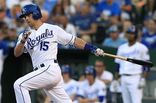 Kansas City Royals' Whit Merrifield hits a two-run double off Detroit Tigers starting pitcher Matt Boyd during the second inning of a baseball game at Kauffman Stadium in Kansas City, Mo., Saturday, June 18, 2016. 