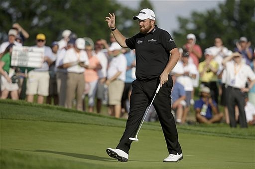Shane Lowry, of Republic of Ireland, reacts after making a birdie on the seventh hole during third round of the U.S. Open golf championship at Oakmont Country Club on Saturday, June 18, 2016, in Oakmont, Pa.