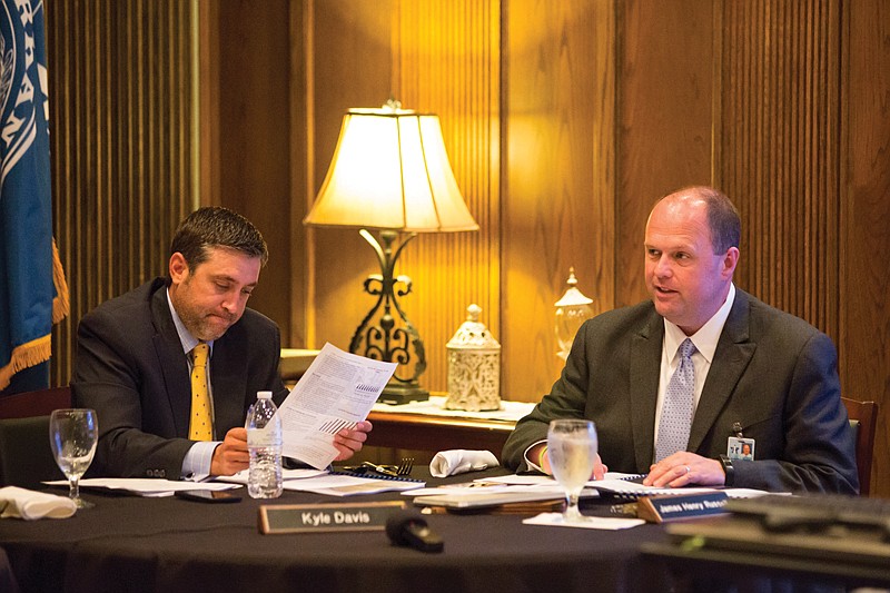 Kyle Davis and Texarkana College president James Russell conduct a meeting Monday, June, 20, 2016 of the Texarkana College Board of Trustees. The board discussed the proposed Cass County service plan and the possible annexation of Cass County, saying that even with proposed tax increase for property owners, tuition savings and a more skilled work force will bring savings to Cass County. 