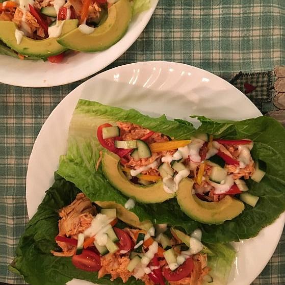 These buffalo chicken veggie wraps are a definite winner for a quick dinner on a hot summer night. You could always wrap a tortilla around the outside so it seemed like a more traditional wrap — but leave all those vegetables in there!