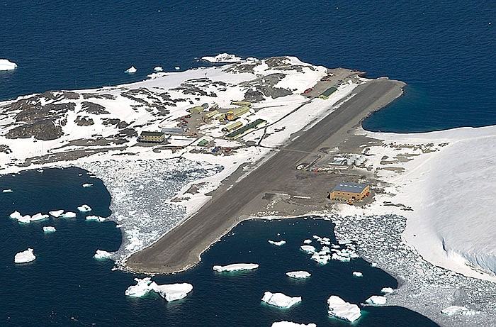 Rothera, the British Antarctic Survey station is seen from the air. A daring South Pole medical rescue is underway.