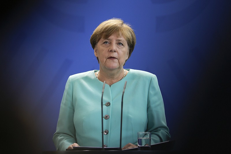 German Chancellor Angela Merkel makes a statement Friday, June 24, 2016, about the referendum in Britain at the chancellery in Berlin. Britain voted to leave the European Union after a bitterly divisive referendum campaign, according to tallies of official results Friday.