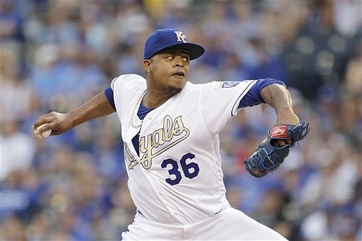 Kansas City Royals pitcher Edinson Volquez throws in the first inning of a baseball game against the Houston Astros at Kauffman Stadium in Kansas City, Mo., Friday, June 24, 2016. 
