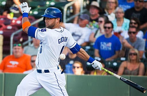 Omaha Storm Chasers' Alex Gordon fouls off a pitch in the first inning of a baseball game against the Colorado Springs Sky Sox, Thursday, June 23, 2016, in Papillion, Neb. (Chris Machian/Omaha World-Herald via AP) 