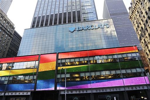 The New York office of multinational bank Barclays, headquartered in London, is shown, Friday, June 24, 2016, in Times Square. Britain voted to leave the European Union after a bitterly divisive referendum campaign, sending global markets plunging, casting British politics into disarray.