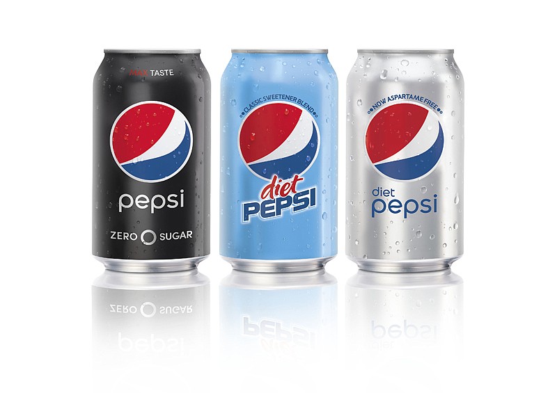 This image provided by PepsiCo shows Pepsi Zero Sugar, from left, Diet Pepsi Classic Sweetener Blend and Diet Pepsi. Pepsi MAX will be re-introduced to U.S. consumers this fall as Pepsi Zero Sugar and will contain aspartame. Diet Pepsi Classic Sweetener Blend will contain aspartame in its formula. But Diet Pepsi will continue to be sweetened without aspartame. 
