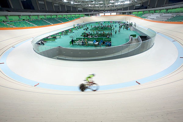 A cyclist rides his bike during a test event at the new velodrome, the last venue of the Rio 2016 Olympic Park to be delivered, Sunday in Rio de Janeiro, Brazil. Rio will become the first South American city to host the Summer Olympics.