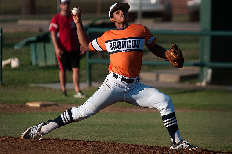 East Texas Broncos pitcher Alex Bruce delivers  against the Texarkana Bulldogs on Tuesday, June 28, 2016 at George Dobson Field in Texarkana, Texas. Bruce hammered a two-run home run to left field in the top of the first inning as the Broncos beat the Bulldogs, 12-4.