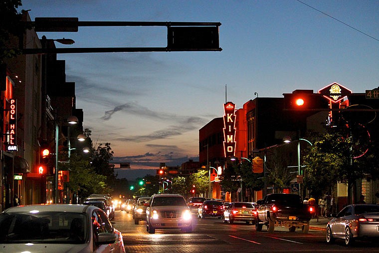 Cars make their way along historic Route 66 in downtown Albuquerque, New Mexico. Through a grant from the National Park Service, Cinefemme and documentary filmmaker Katrina Parks are highlighting the stories of women who lived and worked along Route 66 and have been inspired by the historic byway.