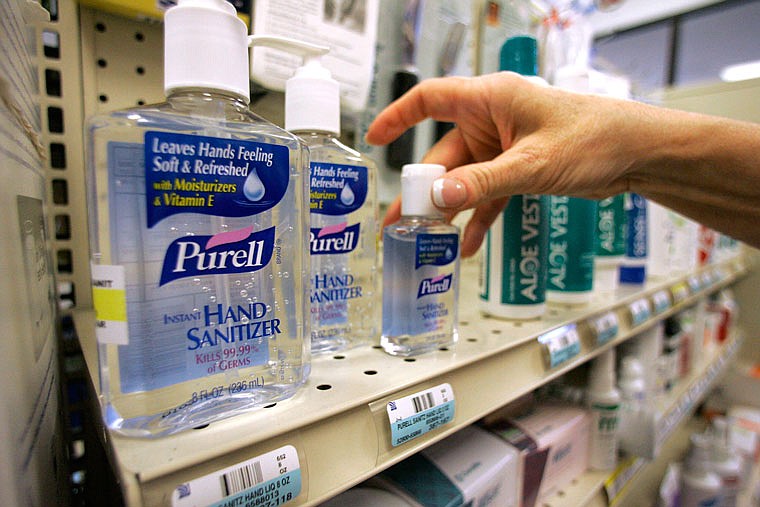 Hand sanitizer is seen on a shelf at a pharmacy in Plano, Texas, in this June 30, 2016 photo.