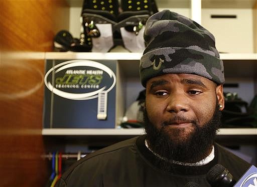In this Jan. 4, 2016, file photo, New York Jets defensive tackle Sheldon Richardson talks to the media as the team clears out their lockers at the team's NFL football training facility, in Florham Park, N.J. 