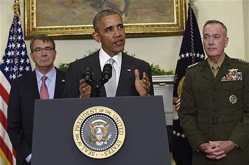 President Barack Obama, flanked by Defense Secretary Ash Carter, left, and Joint Chiefs Chairman Gen. Joseph Dunford, makes a statement on Afghanistan from the Roosevelt Room of the White House in Washington, Wednesday, July 6, 2016. 