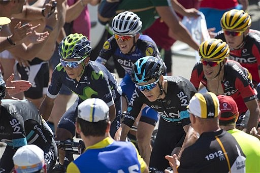 Colombia's Nairo Quintana, Britain's Chris Froome, Ireland's Daniel Martin, Australia's Richie Porte, Tejay van Garderen, from front, climb Peyresourde pass during the eighth stage of the Tour de France cycling race over 184 kilometers (114.3 miles) with start in Pau and finish in Bagneres-de-Luchon, France, Saturday, July 9, 2016. 
