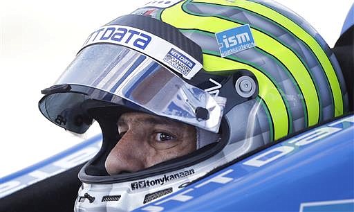 Tony Kanaan sits in his car during practice for the IndyCar Series auto race Saturday, July 9, 2016, at Iowa Speedway in Newton, Iowa. (AP Photo/Charlie Neibergall)

