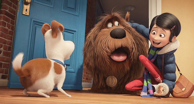 In this image released by Universal Pictures, from left, characters Max, voiced by Louis C.K., Duke, voiced by Eric Stonestreet, and Katie, voiced by Ellie Kemper, appear in a scene from, "The Secret Lives of Pets."