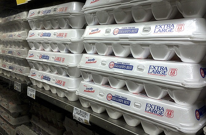 Foam egg cartons displayed on a shelf at a market in San Francisco. Consumers won't be able to buy polystyrene kiddie floats, egg cartons or coolers in San Francisco after supervisors approved what environmentalists are calling the most comprehensive ban in the country on foam.