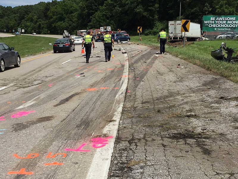 A tractor-trailer struck a passenger vehicle in the eastbound lanes, according to a news release from the Holts Summit Fire Protection District. 