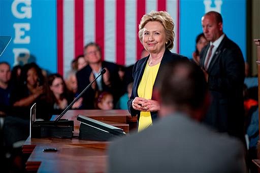 Democratic presidential candidate Hillary Clinton smiles after speaking at the Old State House in Springfield, Ill., Wednesday, July 13, 2016. 