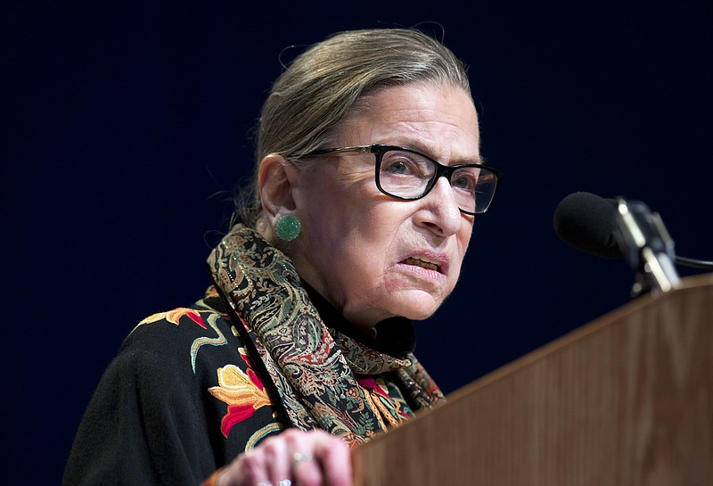 In this Jan. 28, 2016, file photo, Supreme Court Justice Ruth Bader Ginsburg speaks at Brandeis University in Waltham, Mass.