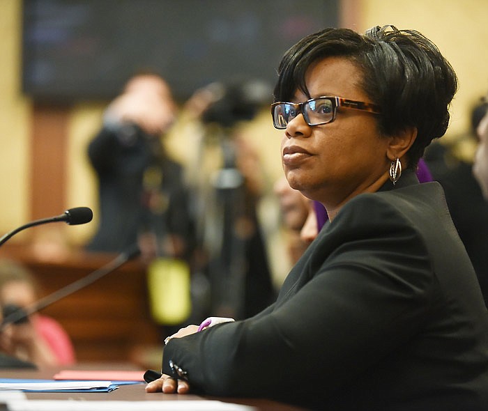 In this Feb. 17, 2016, photo, Sen. Jamilah Nasheed, D-St. Louis, listens during a committee hearing at the Missouri Capitol in Jefferson City.