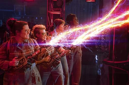 In this image released by Sony Pictures, from left, Melissa McCarthy, Kate McKinnon, Kristen Wiig and Leslie Jones appear in a scene from, "Ghostbusters." 