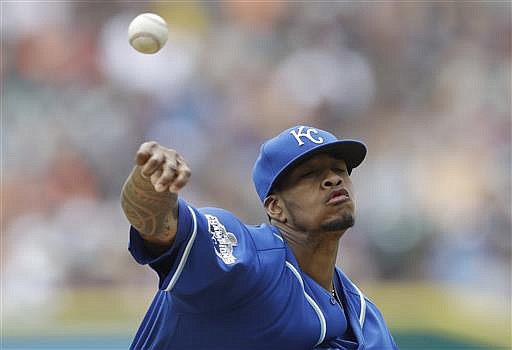 Kansas City Royals starting pitcher Yordano Ventura throws during the first inning of a baseball game against the Detroit Tigers, Sunday, July 17, 2016, in Detroit.