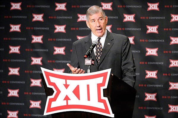 Big 12 commissioner Bob Bowlsby addresses attendees during Monday's session of Big 12 Media Days in Dallas. One of the topics Bowlsby addressed was how the Big 12 will be committed to the task of "eradicating sexual assault" on its campuses.