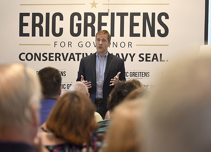 Eric Greitens speaks at a town hall meeting Tuesday evening, July 19, 2016, in Jefferson City.